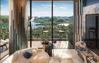 Không gian sống đẳng cấp tại Xanh Island Cát Bà, với tầm nhìn tuyệt đẹp ra núi rừng và đại dương.