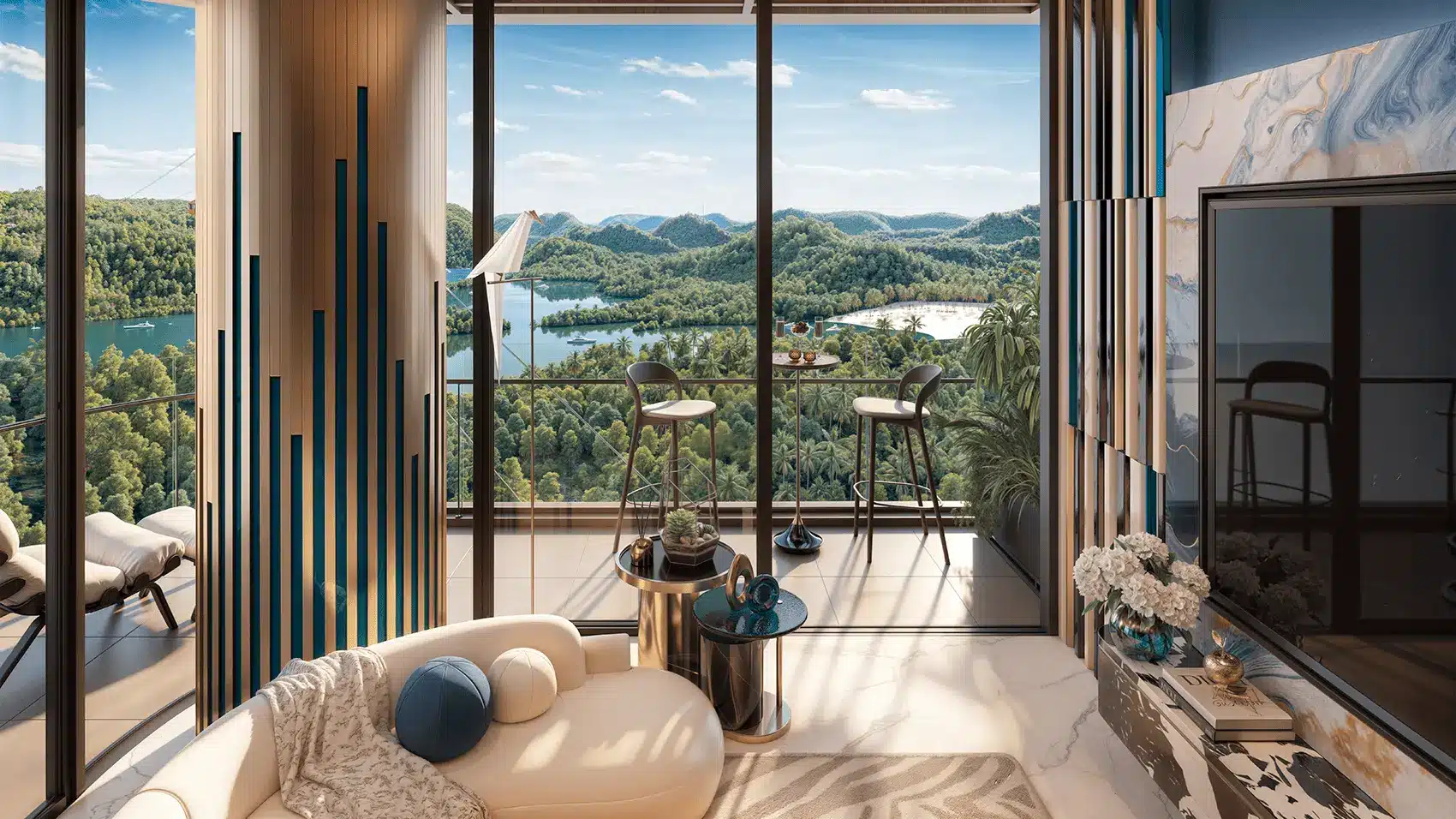 Không gian sống đẳng cấp tại Xanh Island Cát Bà, với tầm nhìn tuyệt đẹp ra núi rừng và đại dương.