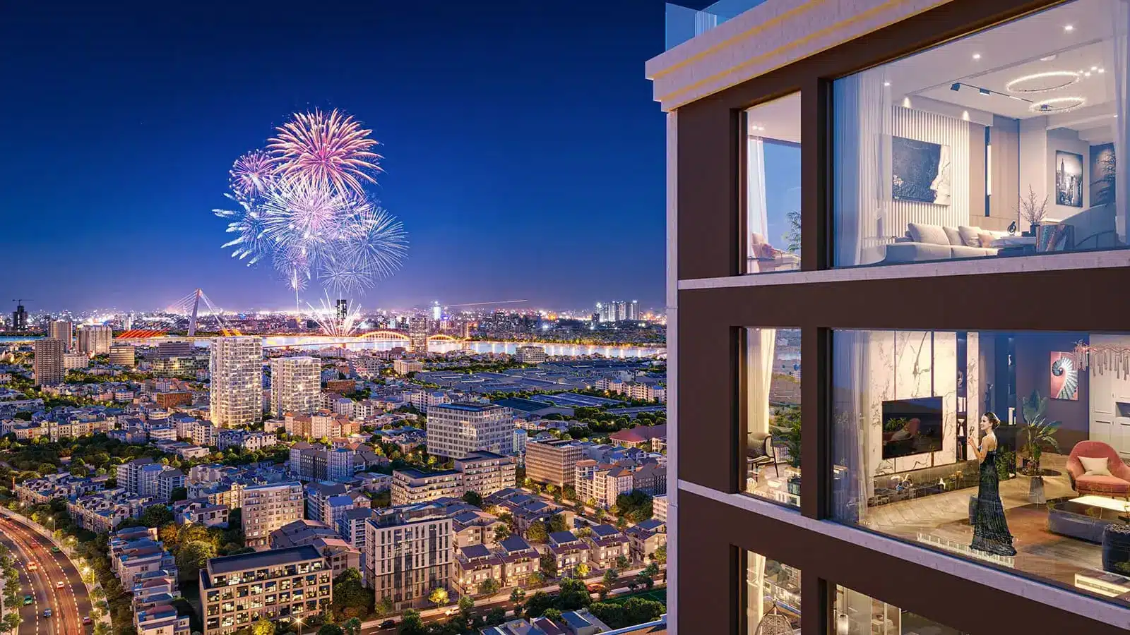 View thành phố lấp lánh về đêm từ Sun Costa Residences Đà Nẵng, nơi thưởng thức lễ hội pháo hoa DIFF tuyệt đẹp.